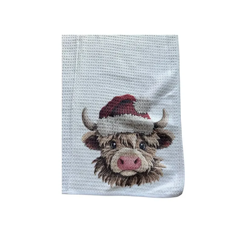 Vintage Christmas Highland Cow Kitchen Towel Waffle Weave Holiday Hostess Gift